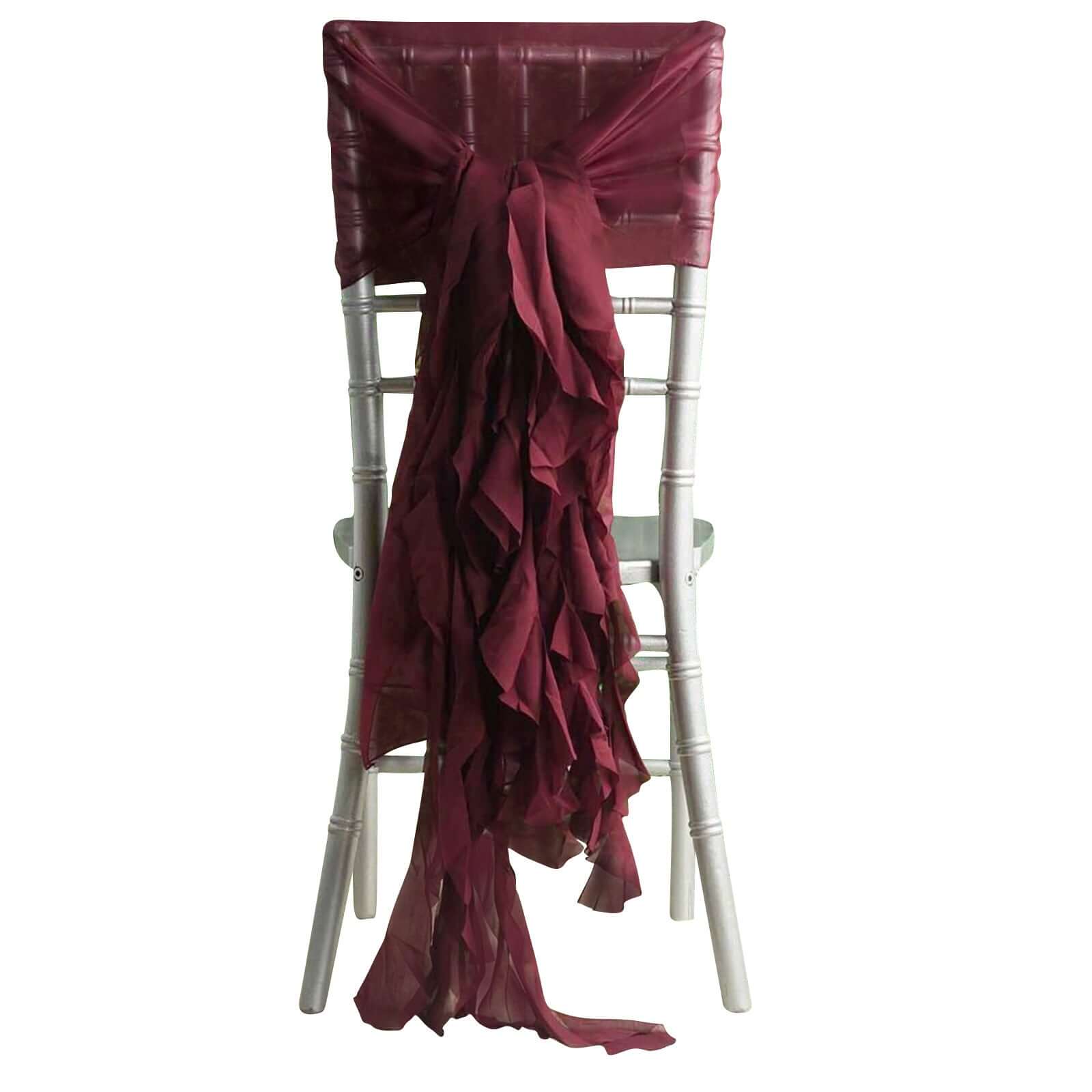 1 Set Chiffon Hoods Chair Sashes with Willow Ruffles Design Burgundy - Stylish Chair Bow Decor - Pro Linens