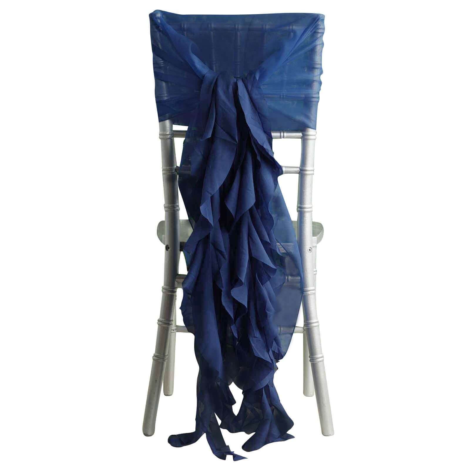 1 Set Chiffon Hoods Chair Sashes with Willow Ruffles Design Navy Blue - Stylish Chair Bow Decor - Pro Linens