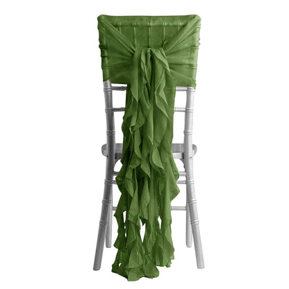 1 Set Chiffon Hoods Chair Sashes with Willow Ruffles Design Olive Green - Stylish Chair Bow Decor - Pro Linens