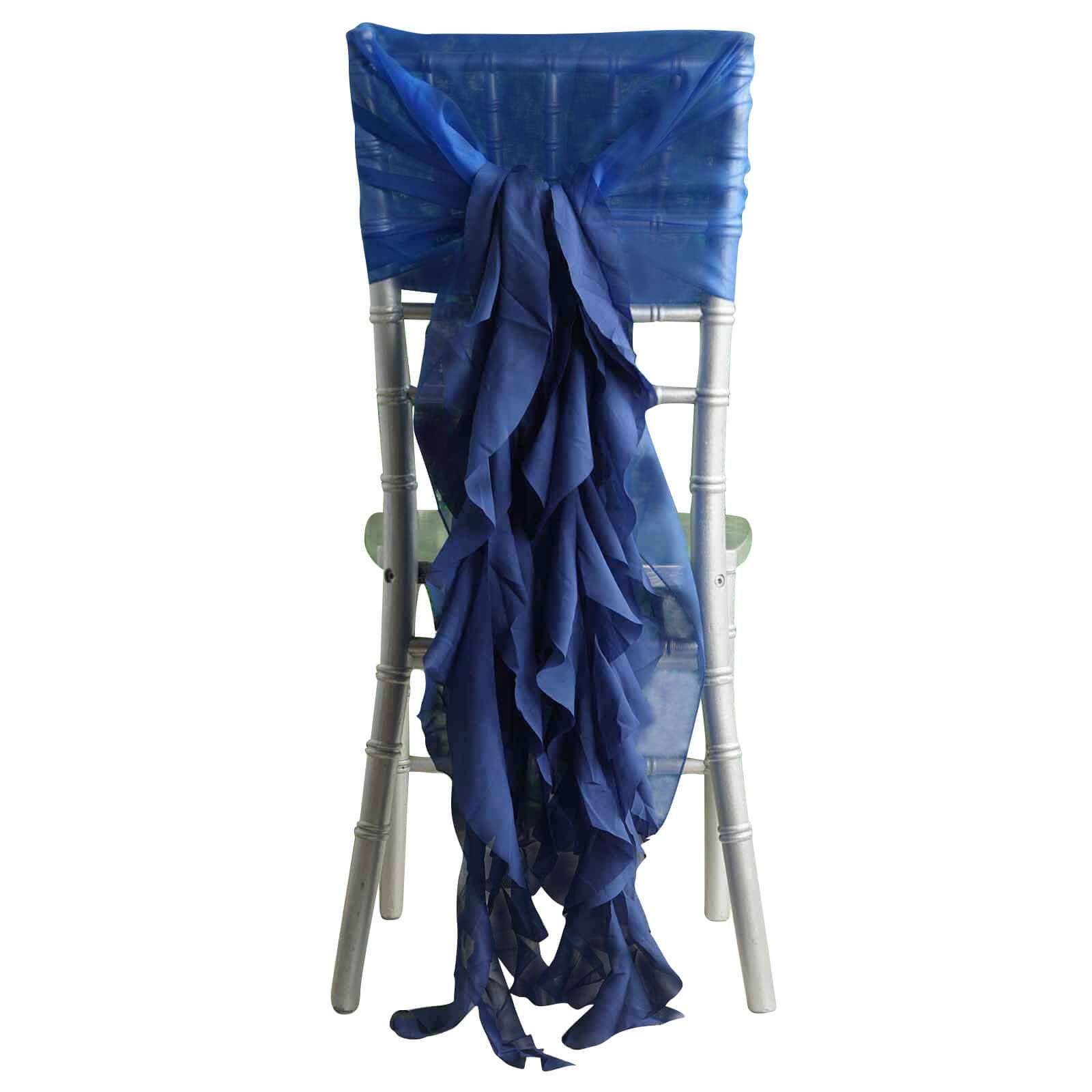 1 Set Chiffon Hoods Chair Sashes with Willow Ruffles Design Royal Blue - Stylish Chair Bow Decor - Pro Linens