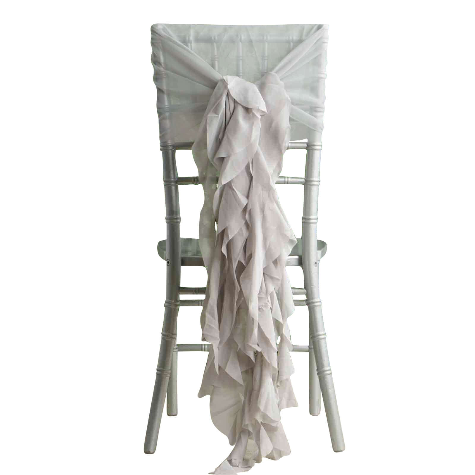 1 Set Chiffon Hoods Chair Sashes with Willow Ruffles Design Silver - Stylish Chair Bow Decor - Pro Linens