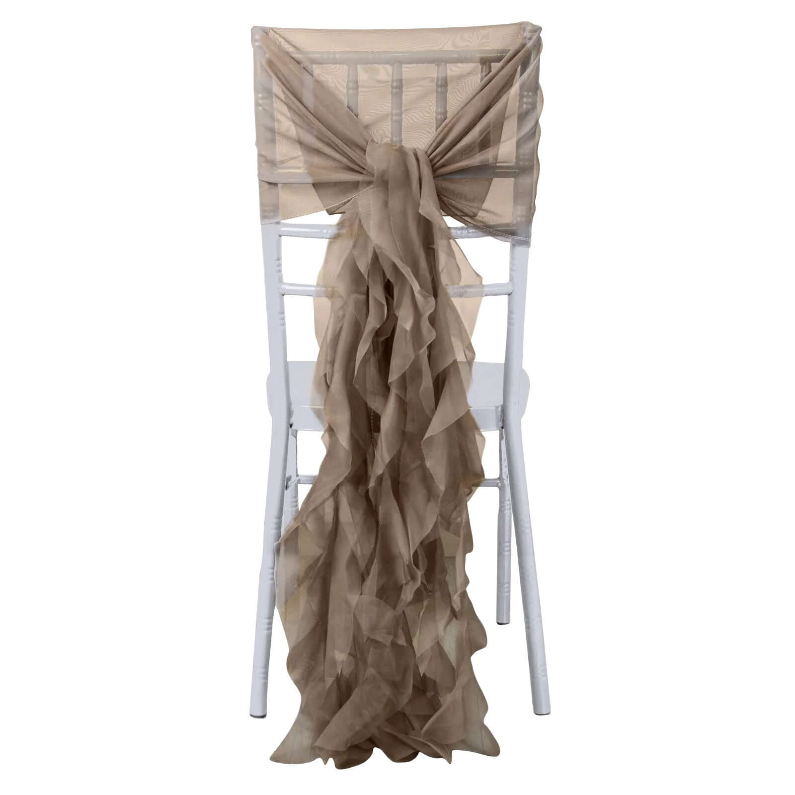 1 Set Chiffon Hoods Chair Sashes with Willow Ruffles Design Taupe - Stylish Chair Bow Decor - Pro Linens