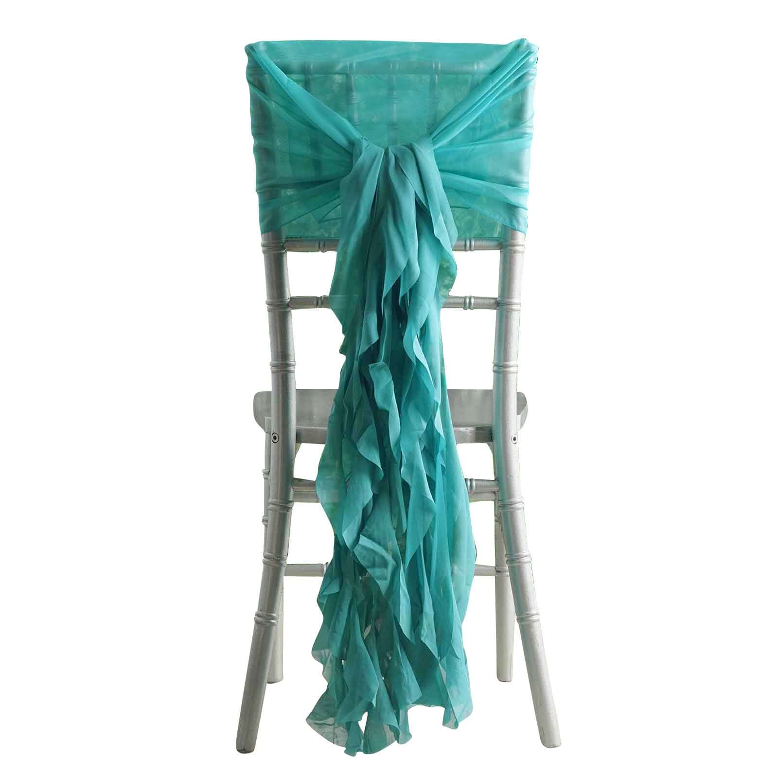 1 Set Chiffon Hoods Chair Sashes with Willow Ruffles Design Turquoise - Stylish Chair Bow Decor - Pro Linens