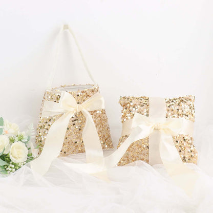 1 Set Gold Sequin Flower Girl Petal Basket and Ring Bearer Pillow Wedding Set - Pro Linens