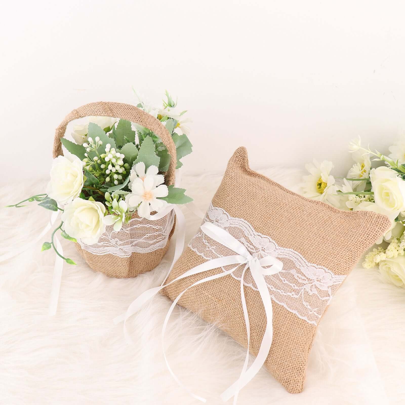 1 Set Natural Burlap and Lace Flower Girl Petal Basket and Ring Bearer Pillow Wedding Set - Pro Linens