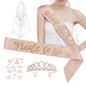 1 Set Rose Gold Bachelorette Party Bride Decor Accessories Kit, White Bridal Veil, Tiara Crown, Glittered Bride To Be Sash, & Stickers - Pro Linens