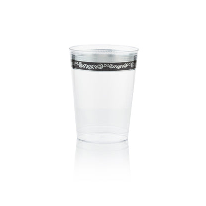 10 oz. Clear Black Silver Rim Plastic Cups 10 Pack - Royal - Pro Linens