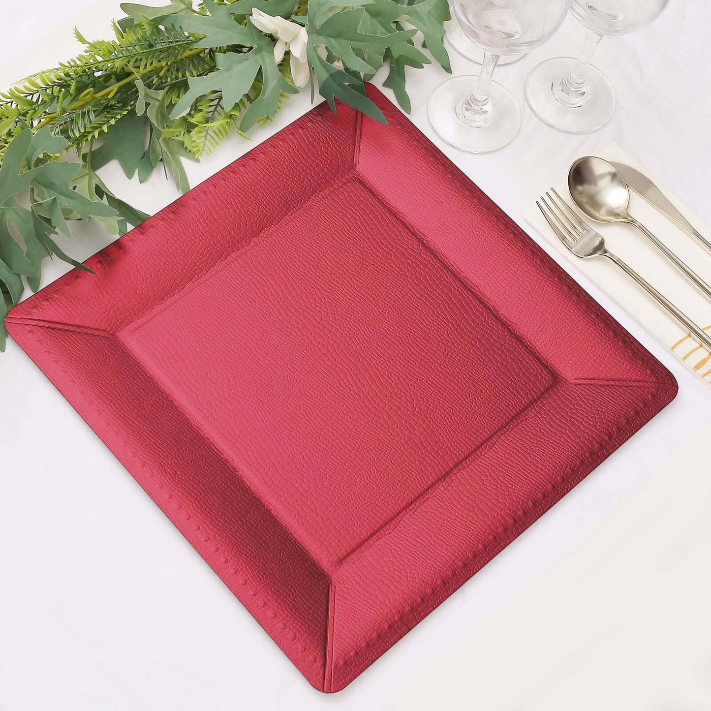 10 Pack 13" Burgundy Textured Disposable Square Charger Plates, Leather Like Cardboard Serving Trays - 1100 GSM Pro Linens