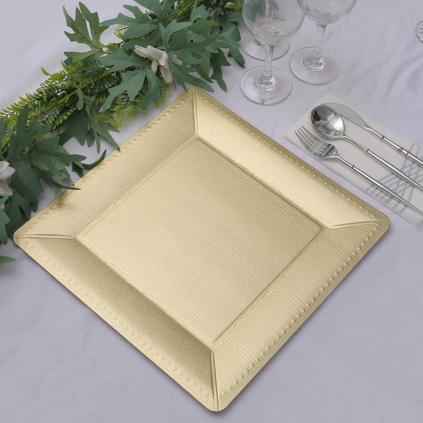 10 Pack 13" Champagne Textured Disposable Square Charger Plates, Leather Like Cardboard Serving Trays - 1100 GSM Pro Linens