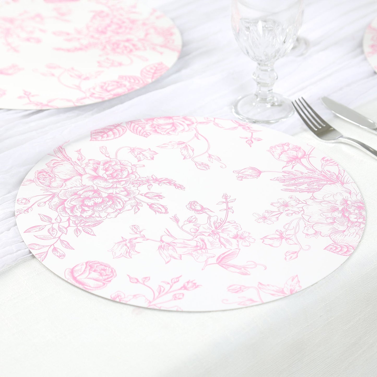 10 Pack 13" Disposable Placemats in French Toile Floral Pattern, Matte Pink and White Cardboard Paper Charger Plates Pro Linens