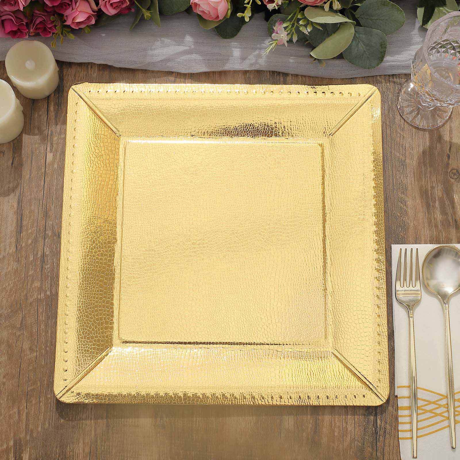 10 Pack 13" Gold Textured Disposable Square Charger Plates, Leather Like Cardboard Serving Trays - 1100 GSM Pro Linens