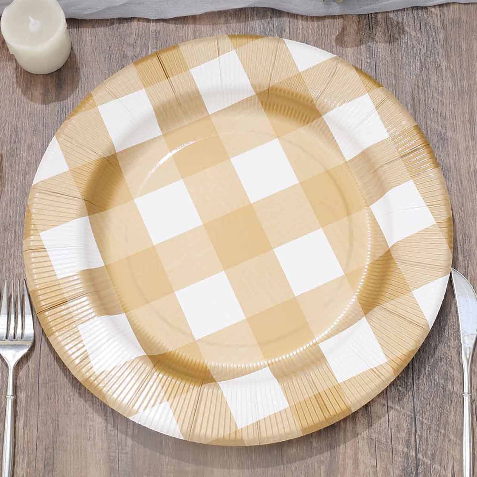 10 Pack 13" Gold White Buffalo Plaid Disposable Charger Plates, Round Checkered Sunray Cardboard Serving Trays- 350 GSM Pro Linens