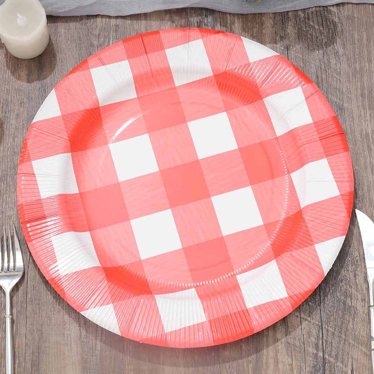 10 Pack 13" Red White Buffalo Plaid Disposable Charger Plates, Round Checkered Sunray Cardboard Serving Trays- 350 GSM Pro Linens