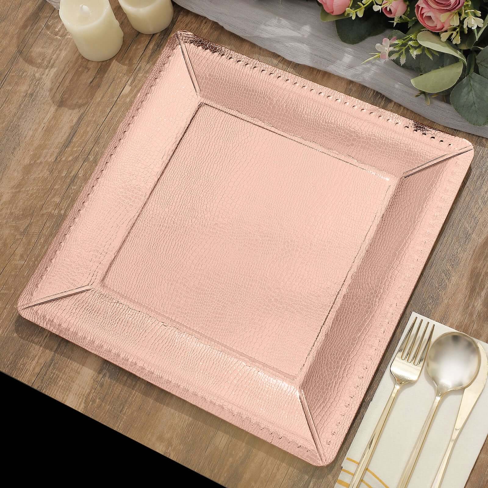 10 Pack 13" Rose Gold Textured Disposable Square Charger Plates, Leather Like Cardboard Serving Trays - 1100 GSM Pro Linens