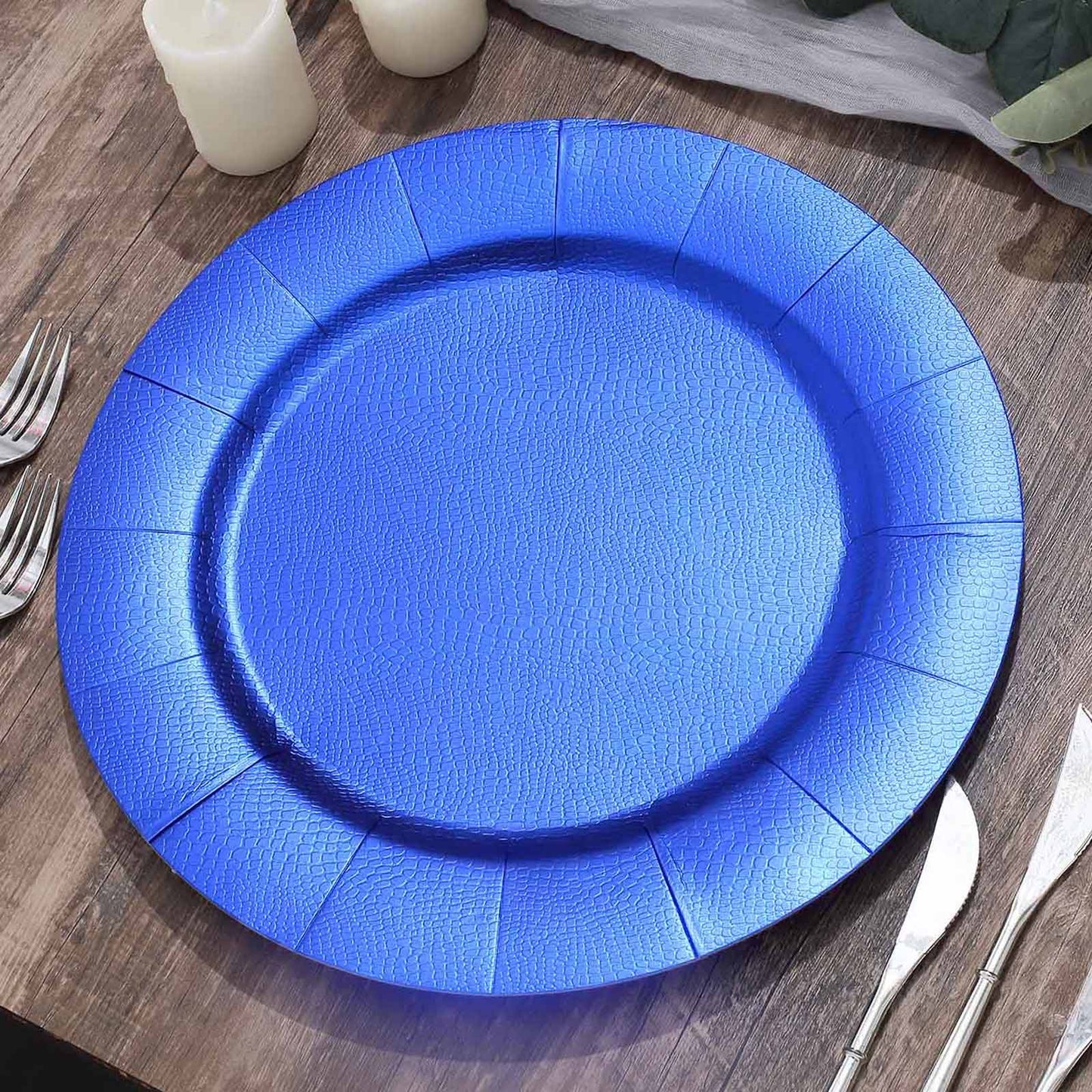 10 Pack 13" Royal Blue Leather Textured Disposable Charger Plates, Round Cardboard Serving Trays - 1100 GSM Pro Linens