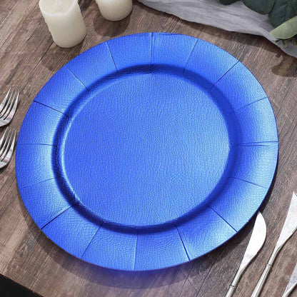 10 Pack 13" Royal Blue Leather Textured Disposable Charger Plates, Round Cardboard Serving Trays - 1100 GSM Pro Linens