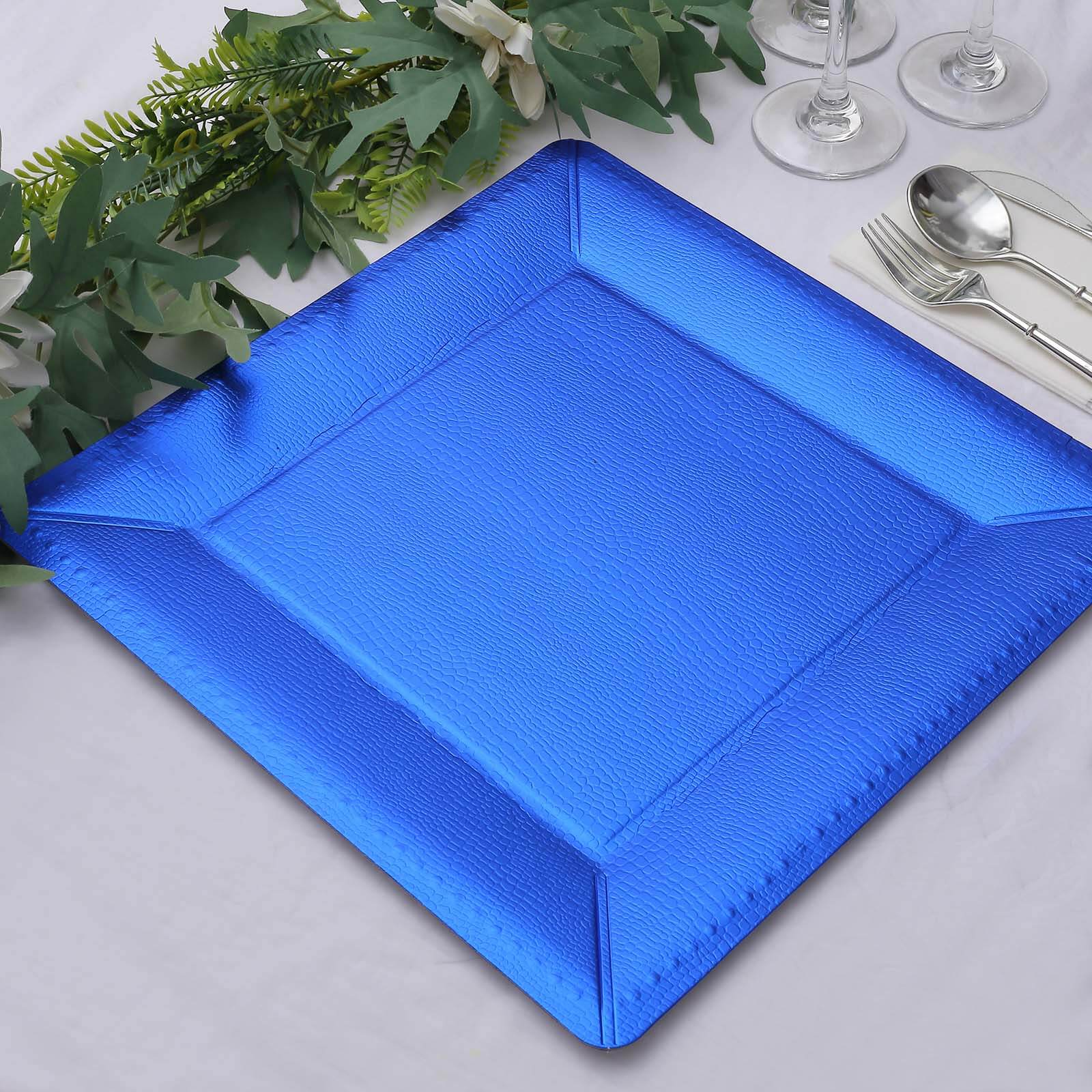 10 Pack 13" Royal Blue Textured Disposable Square Charger Plates, Leather Like Cardboard Serving Trays - 1100 GSM Pro Linens