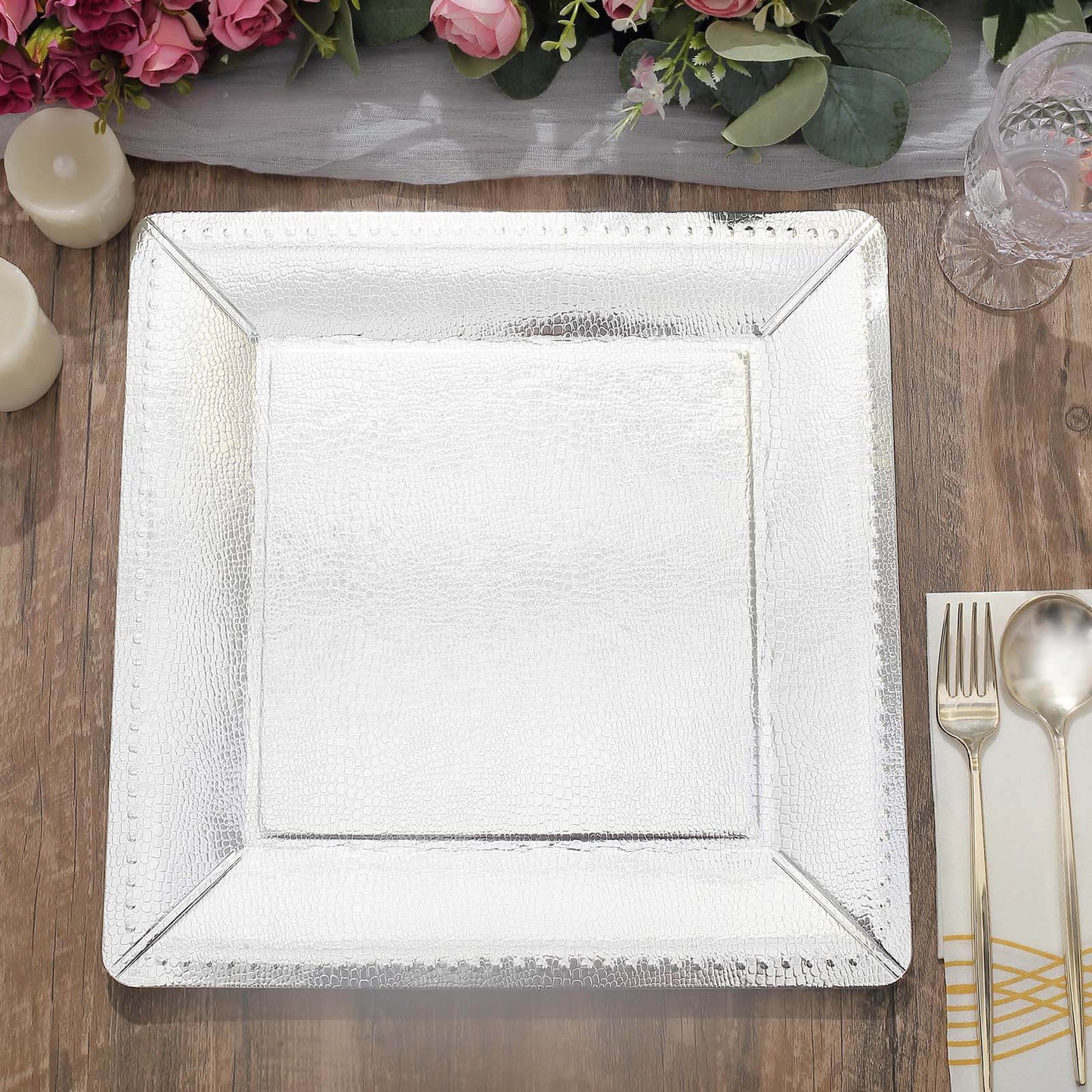 10 Pack 13" Silver Textured Disposable Square Charger Plates, Leather Like Cardboard Serving Trays - 1100 GSM Pro Linens