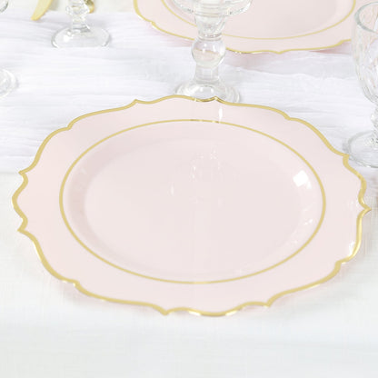 10 Pack Blush Economy Plastic Charger Plates With Gold Scalloped Rim, 13" Round Decorative Dinner Chargers Event Tabletop Decor Pro Linens