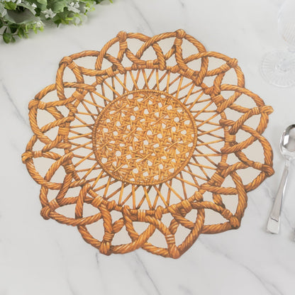 10 Pack Brown Die-Cut Rattan Weave Paper Table Mats, 16" Large Round Floral Disposable Dining Placemats with Scalloped Rim Pro Linens