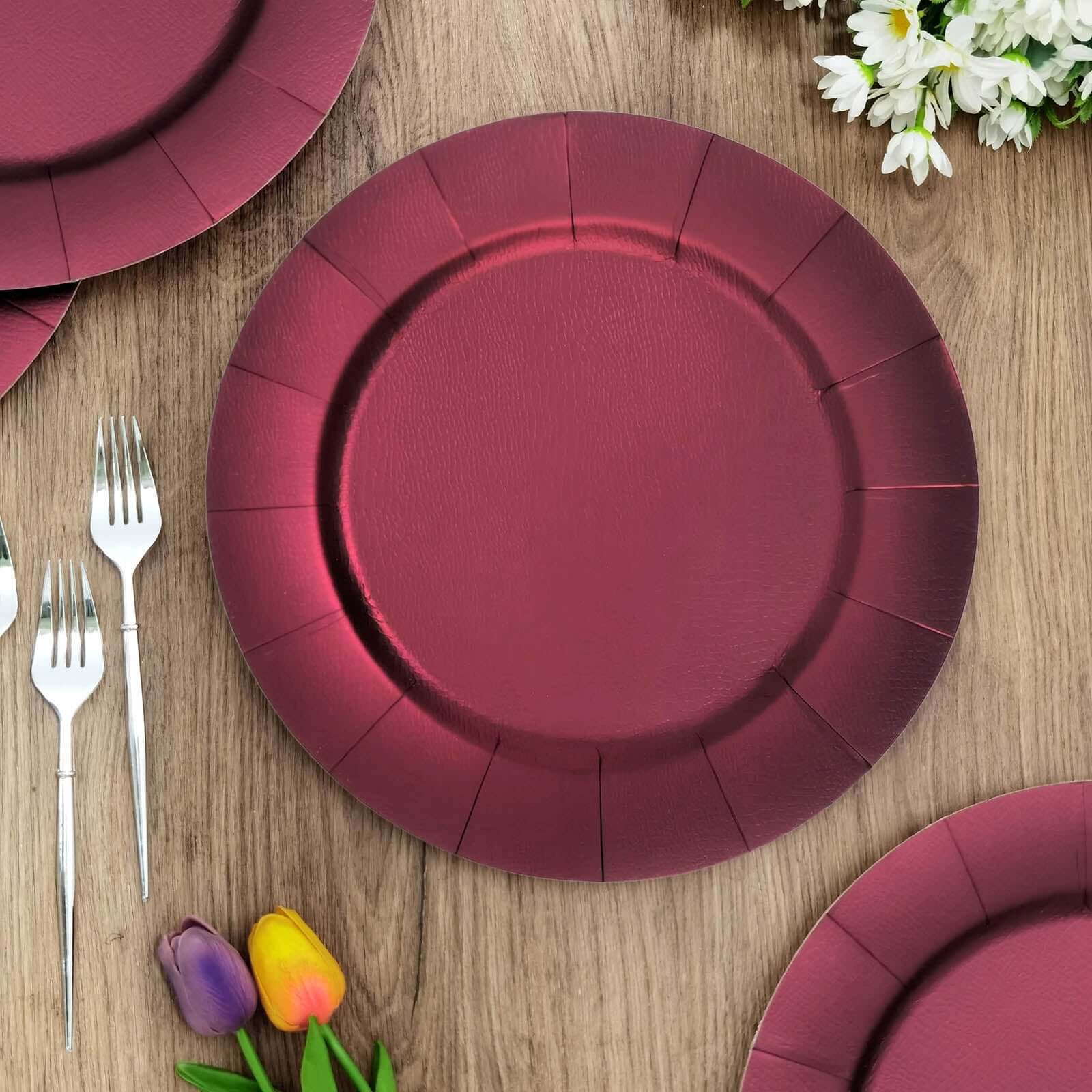 10 Pack Burgundy Disposable 13" Charger Plates, Cardboard Serving Tray, Round with Leathery Texture - 1100 GSM Pro Linens