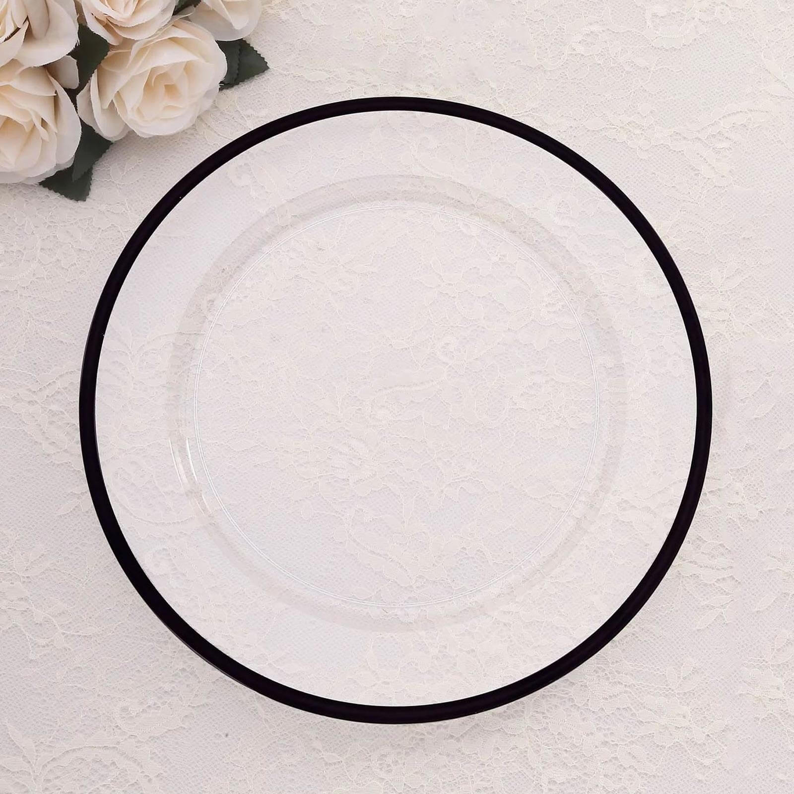 10 Pack Clear Economy Plastic Charger Plates With Black Rim, 12" Round Dinner Chargers Event Tabletop Decor Pro Linens