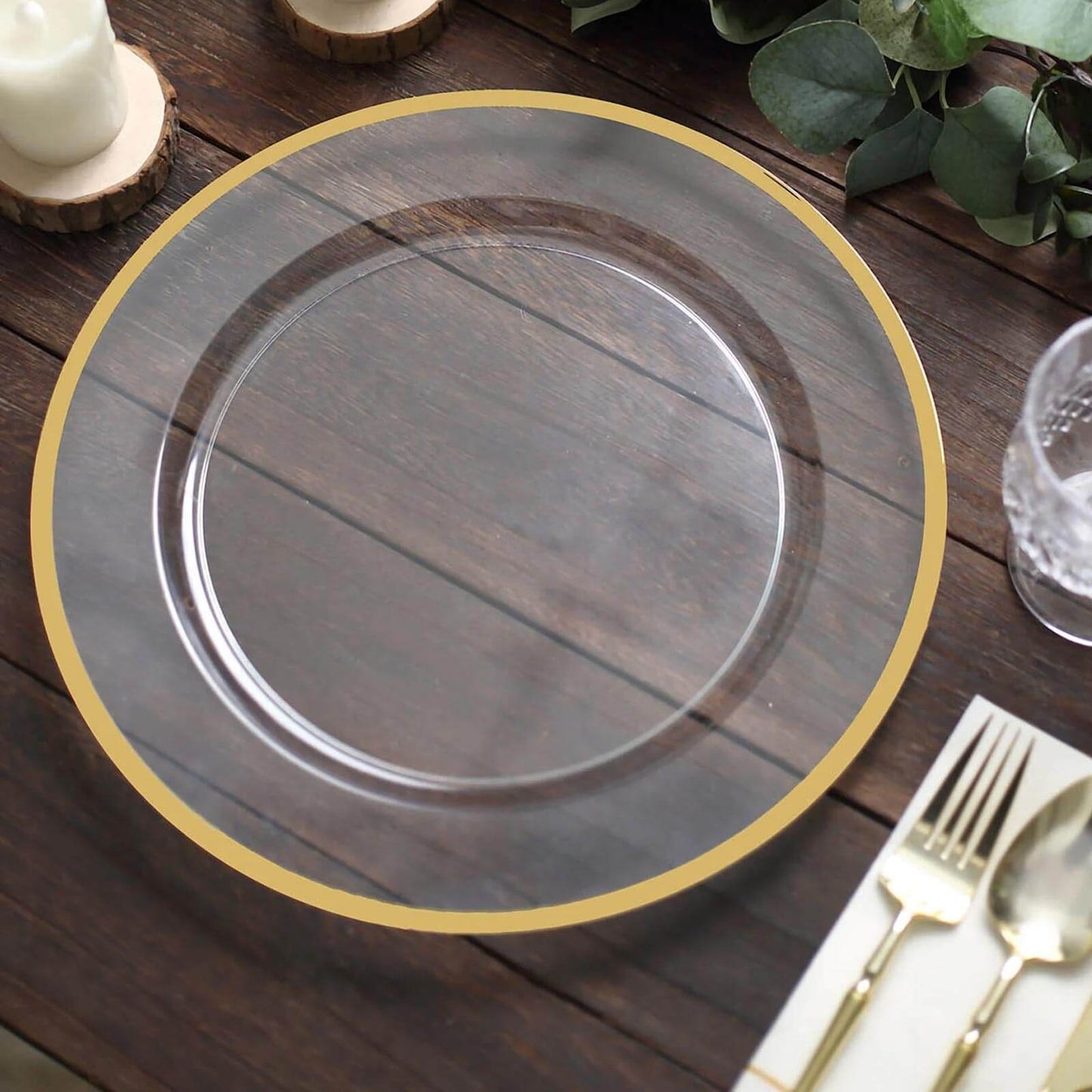 10 Pack Clear Economy Plastic Charger Plates With Gold Rim, 12" Round Dinner Chargers Event Tabletop Decor Pro Linens