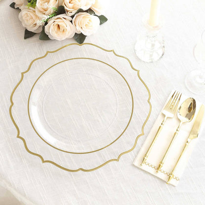 10 Pack Clear Economy Plastic Charger Plates With Gold Scalloped Rim, 13" Round Decorative Dinner Chargers Event Tabletop Decor Pro Linens