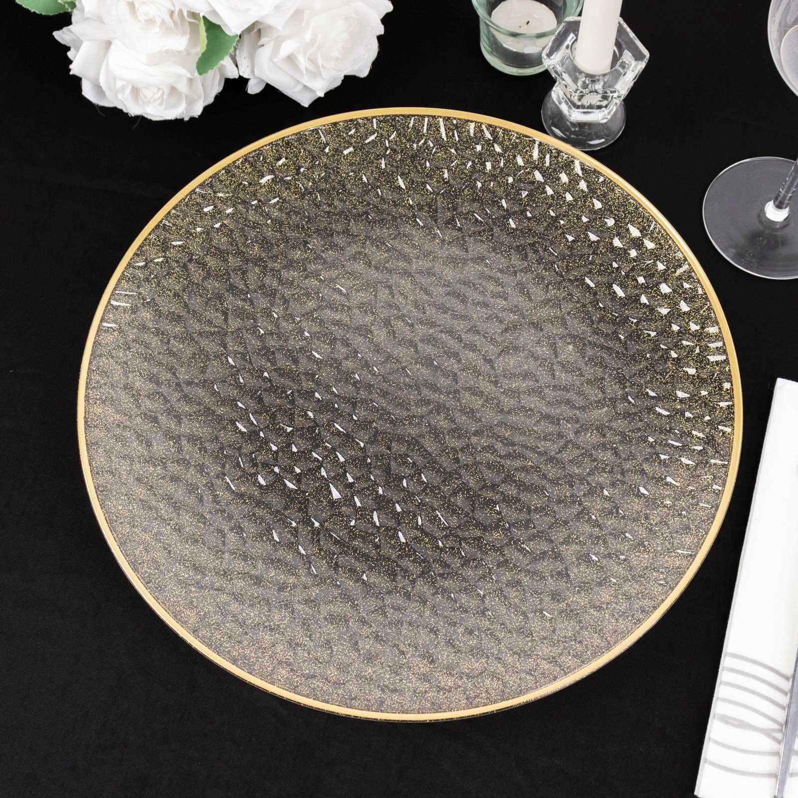 10 Pack Clear Hammered Economy Plastic Charger Plates With Glitter Gold Rim, 13" Round Dinner Chargers Event Tabletop Decor Pro Linens