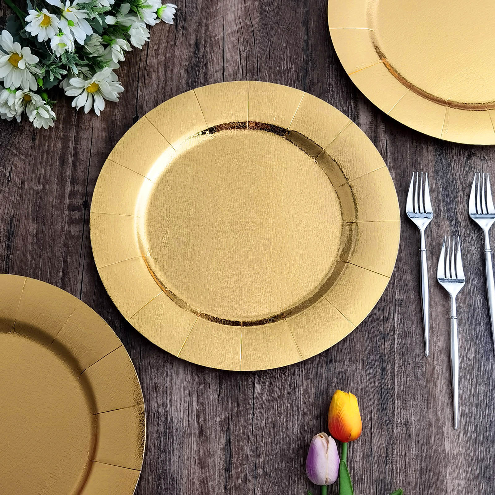 10 Pack Gold Disposable 13" Charger Plates, Cardboard Serving Tray, Round with Leathery Texture - 1100 GSM Pro Linens