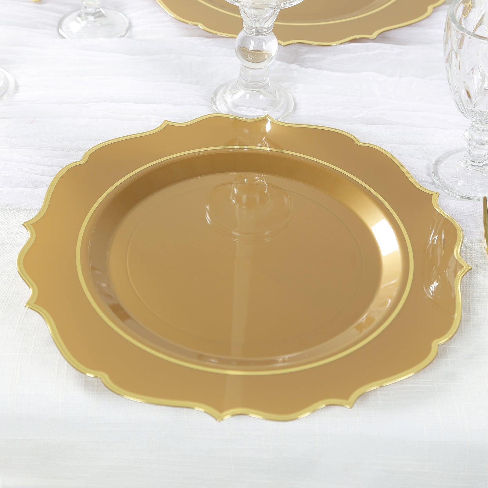 10 Pack Gold Economy Plastic Charger Plates With Scalloped Rim, 13" Round Decorative Dinner Chargers Event Tabletop Decor Pro Linens