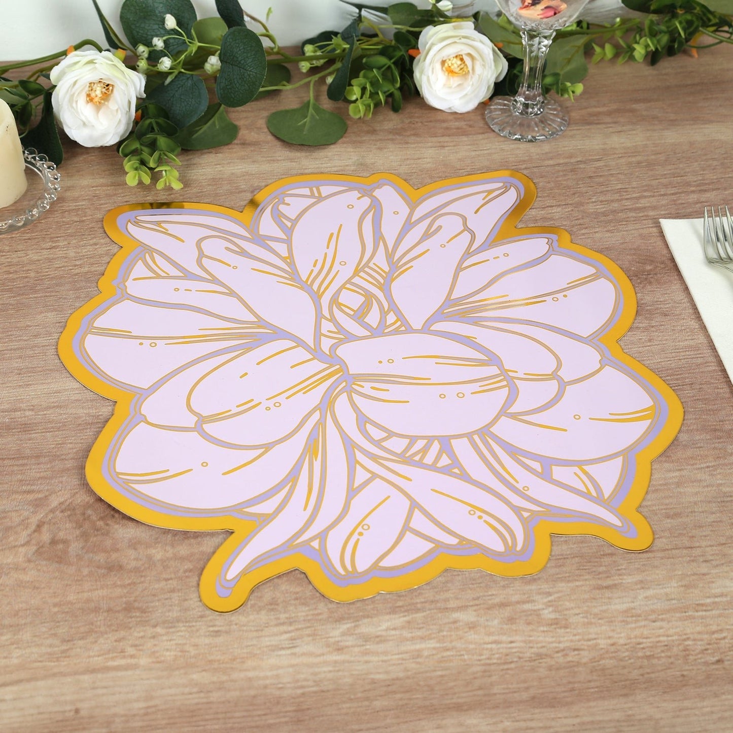 10 Pack Lavender Peony Cardboard Paper Table Mats with Gold Foil Edges, 14" Lilac Disposable Floral Paper Placemats - 300GSM Pro Linens