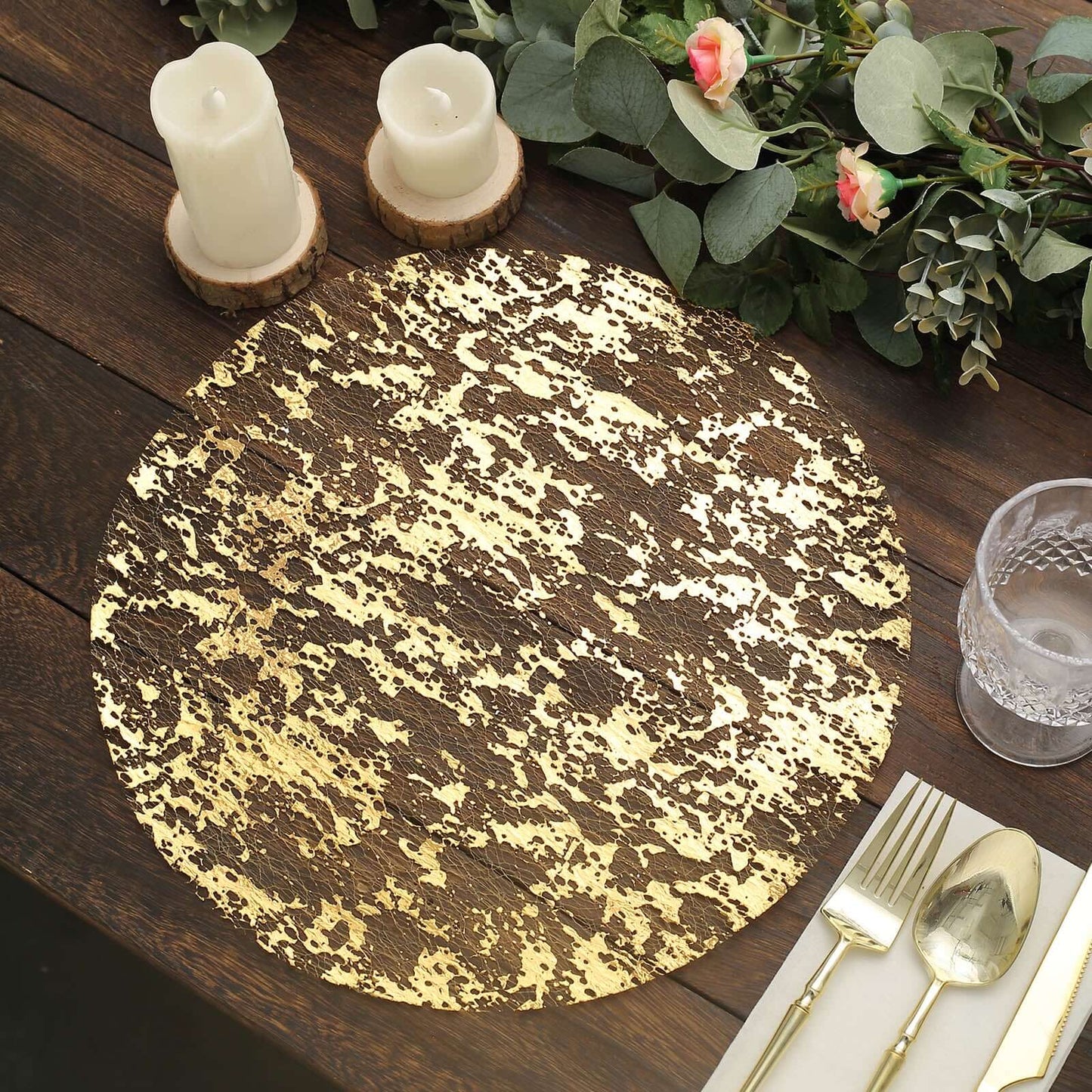 10 Pack Metallic Gold Foil Mesh Disposable Table Placemats, Round Shiny Dining Mats 13" Pro Linens