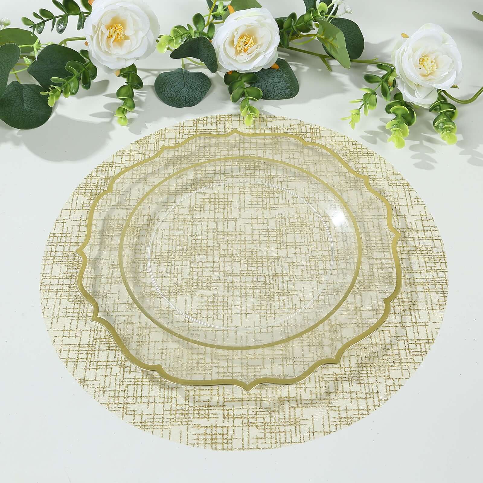 10 Pack Metallic Gold Glitter Mesh Round Disposable Placemats, 13" Polyester Dining Table Mats Pro Linens