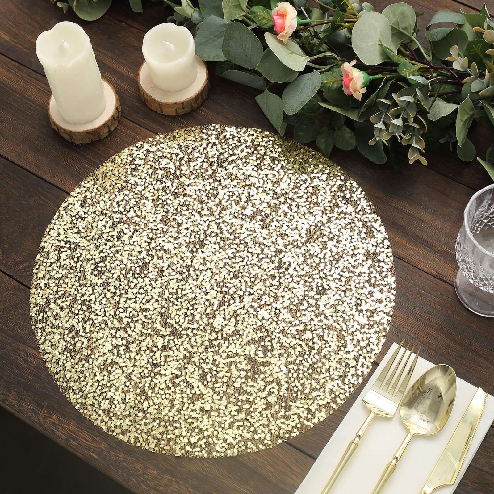 10 Pack Metallic Gold Sequin Mesh Disposable Table Placemats, Round Sparkly Dust Free Sequin Dining Mats 13" Pro Linens