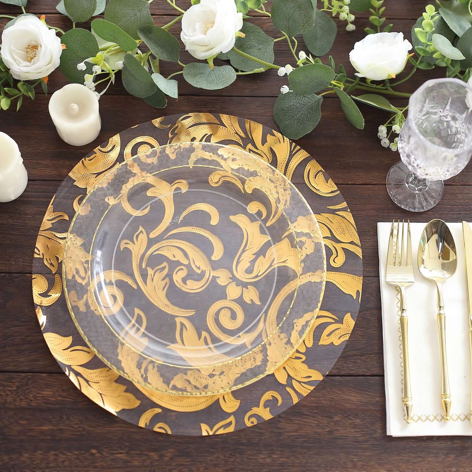 10 Pack Metallic Gold Sheer Organza Round Disposable Placemats with Swirl Foil Floral Design, 13" Dining Table Mats Pro Linens