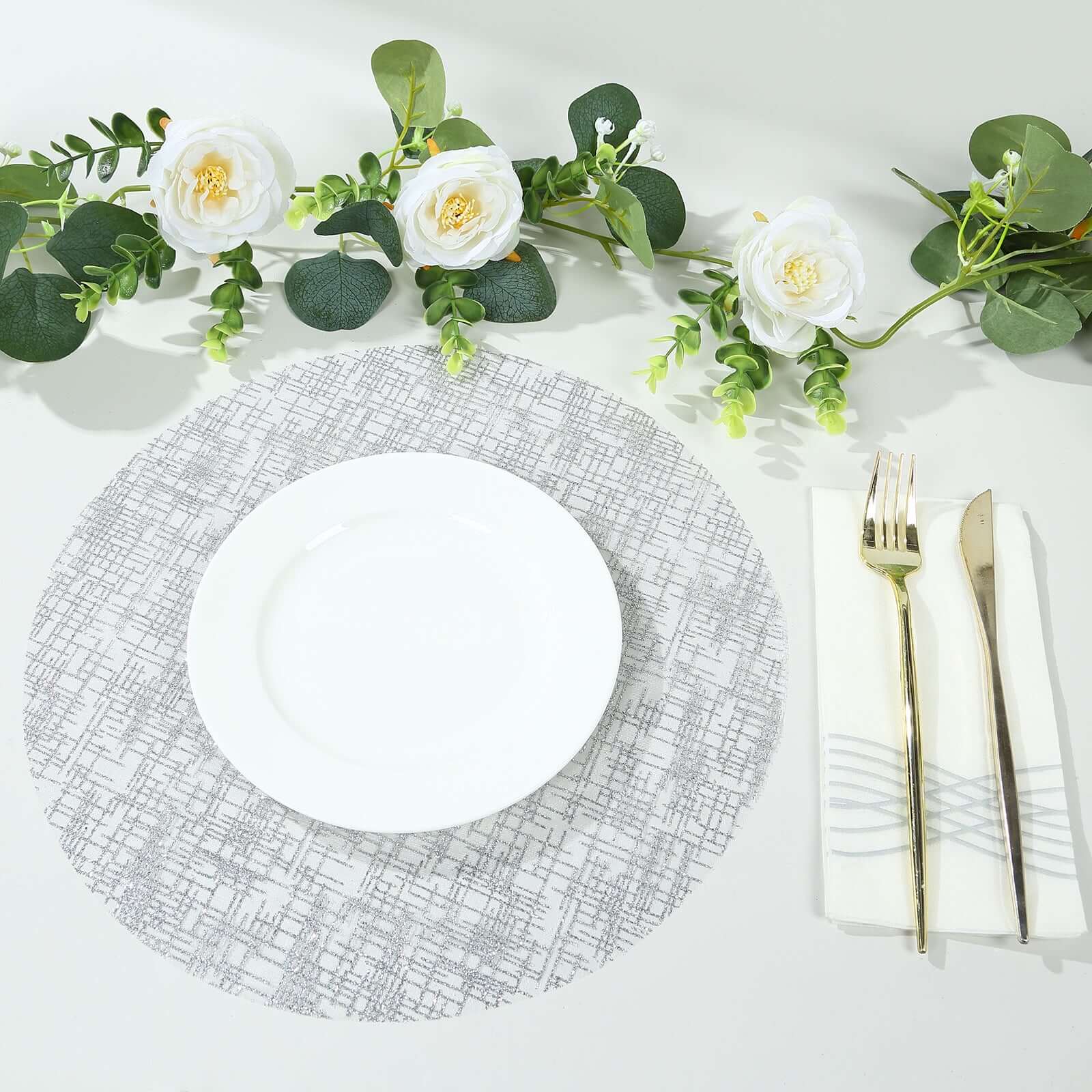 10 Pack Metallic Silver Glitter Mesh Round Disposable Placemats, 13" Polyester Dining Table Mats Pro Linens