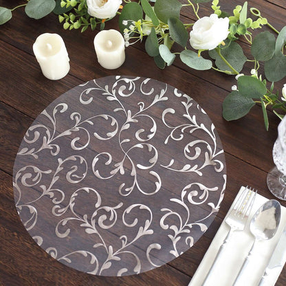 10 Pack Metallic Silver Sheer Organza Round Disposable Placemats with Embossed Foil Flower Design, 13" Dining Table Mats Pro Linens