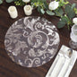 10 Pack Metallic Silver Sheer Organza Round Disposable Placemats with Swirl Foil Floral Design, 13" Dining Table Mats Pro Linens