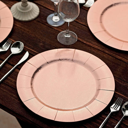 10 Pack Rose Gold Disposable 13" Charger Plates, Cardboard Serving Tray, Round with Leathery Texture - 1100 GSM Pro Linens