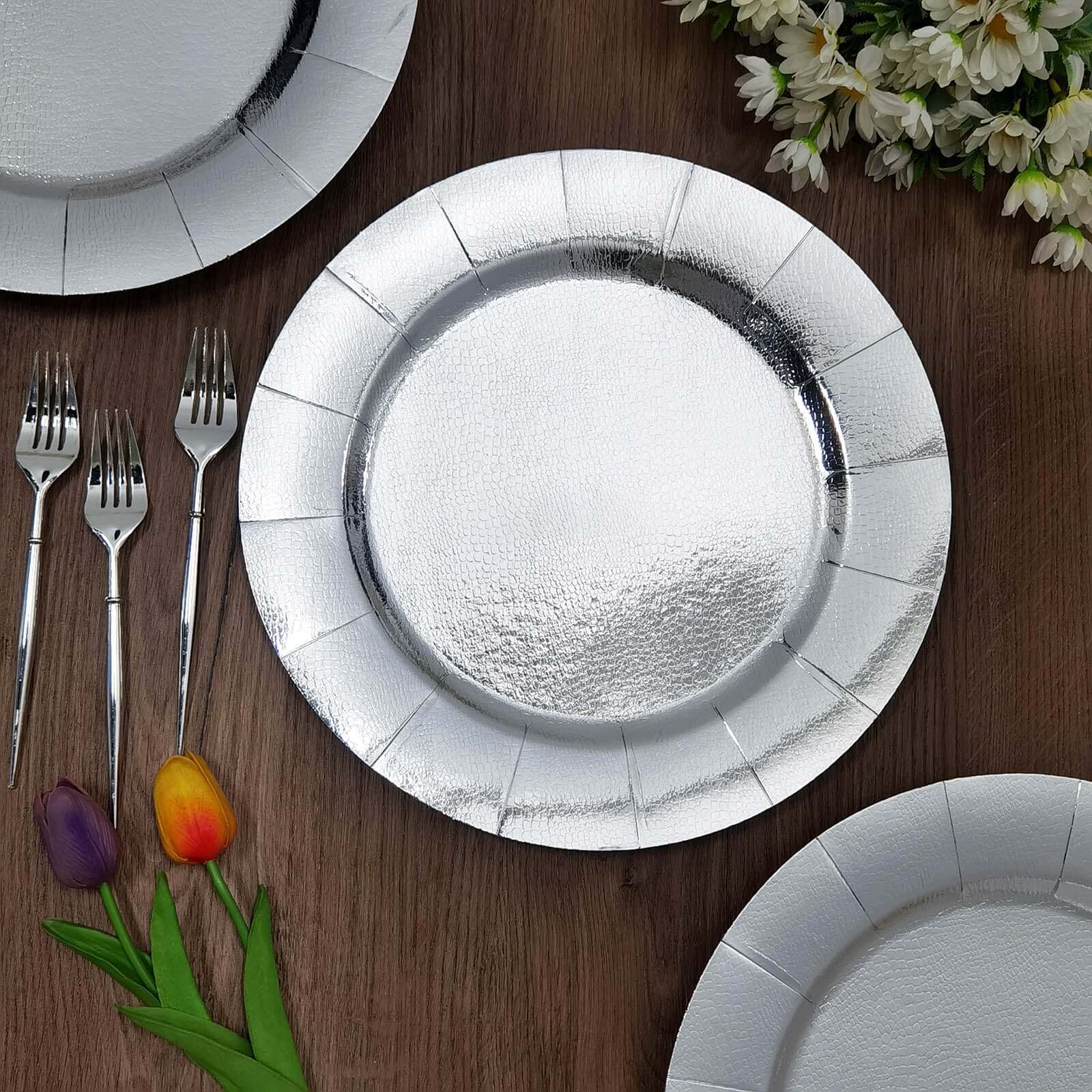 10 Pack Silver Disposable 13" Charger Plates, Cardboard Serving Tray, Round with Leathery Texture - 1100 GSM Pro Linens