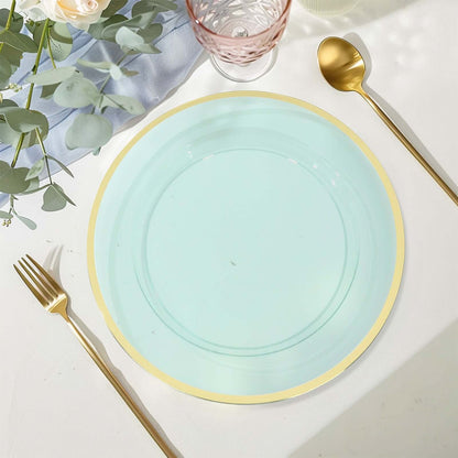 10 Pack Transparent Blue Economy Plastic Charger Plates With Gold Rim, 12" Round Dinner Chargers Event Tabletop Decor Pro Linens