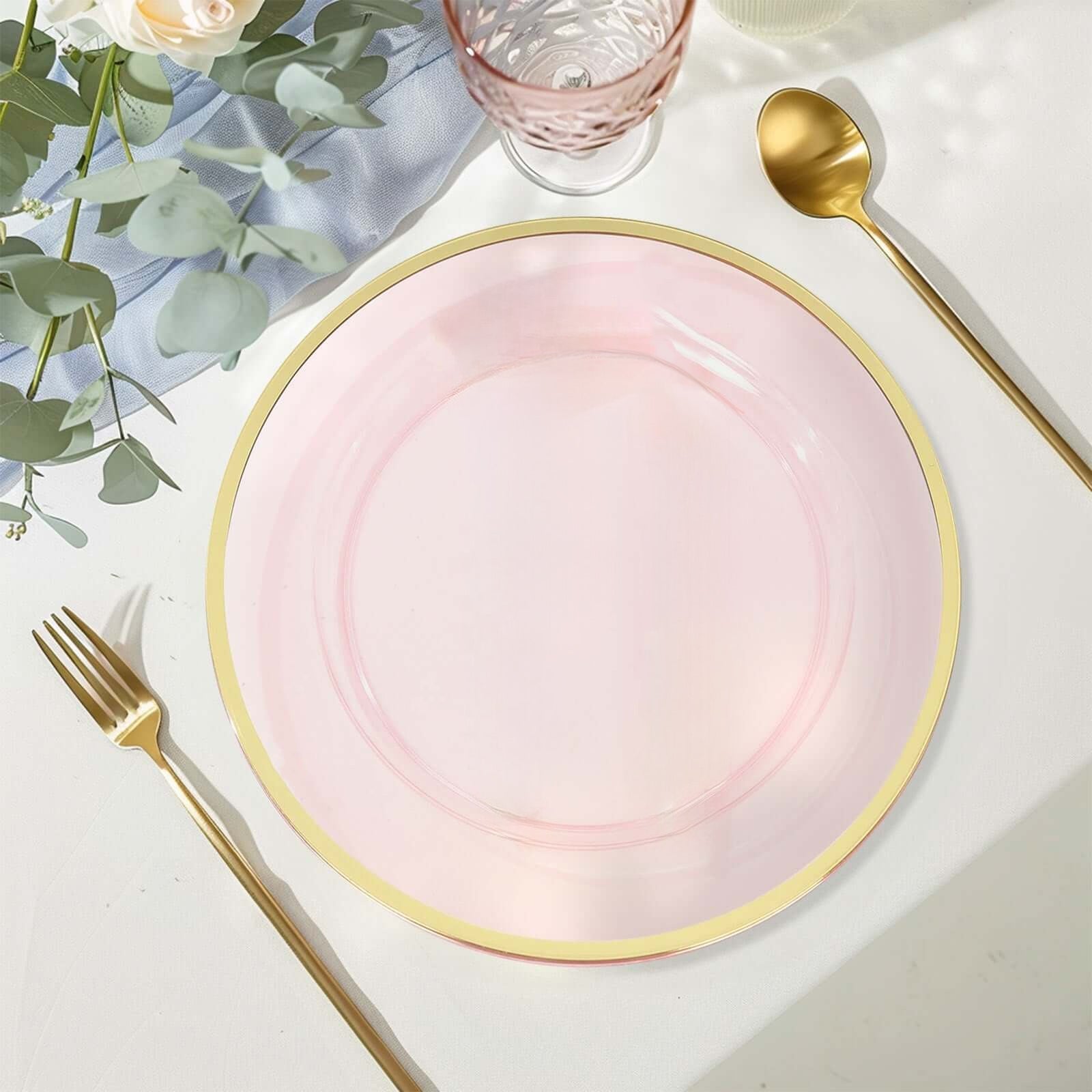 10 Pack Transparent Blush Economy Plastic Charger Plates With Gold Rim, 12" Round Dinner Chargers Event Tabletop Decor Pro Linens