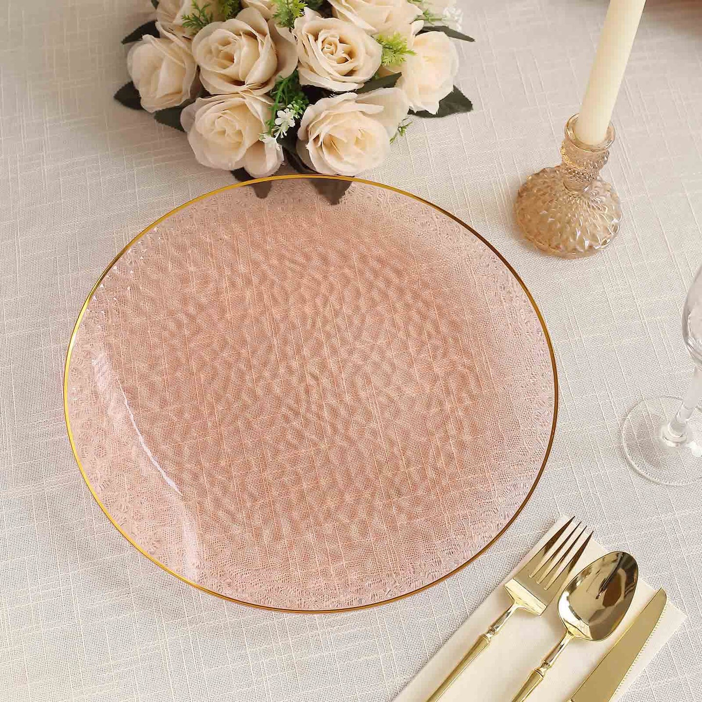 10 Pack Transparent Blush Hammered Economy Plastic Charger Plates With Gold Rim, 13" Round Dinner Chargers Event Tabletop Decor Pro Linens