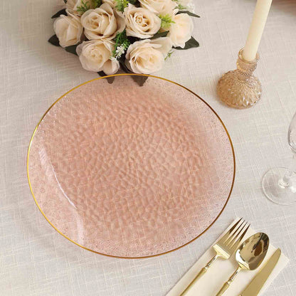 10 Pack Transparent Blush Hammered Economy Plastic Charger Plates With Gold Rim, 13" Round Dinner Chargers Event Tabletop Decor Pro Linens