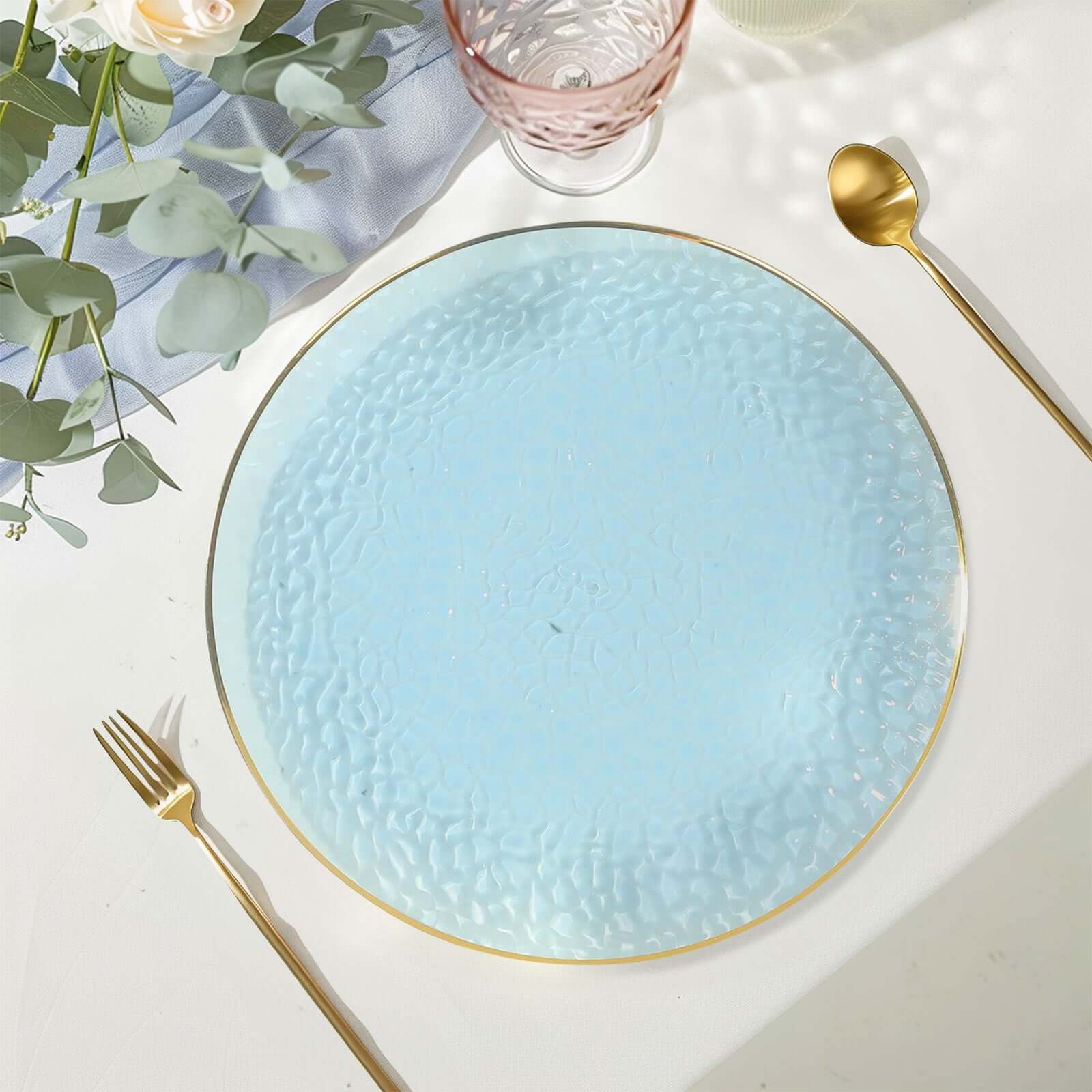 10 Pack Transparent Dusty Blue Hammered Economy Plastic Charger Plates With Gold Rim, 13" Round Dinner Chargers Event Tabletop Decor Pro Linens