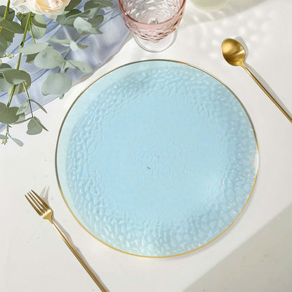 10 Pack Transparent Dusty Blue Hammered Economy Plastic Charger Plates With Gold Rim, 13" Round Dinner Chargers Event Tabletop Decor Pro Linens