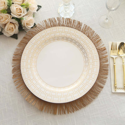 10 Pack White Disposable Serving Plates With Gold Basketweave Pattern Rim, 13" Round Cardstock Paper Charger Plates - 650GSM Pro Linens