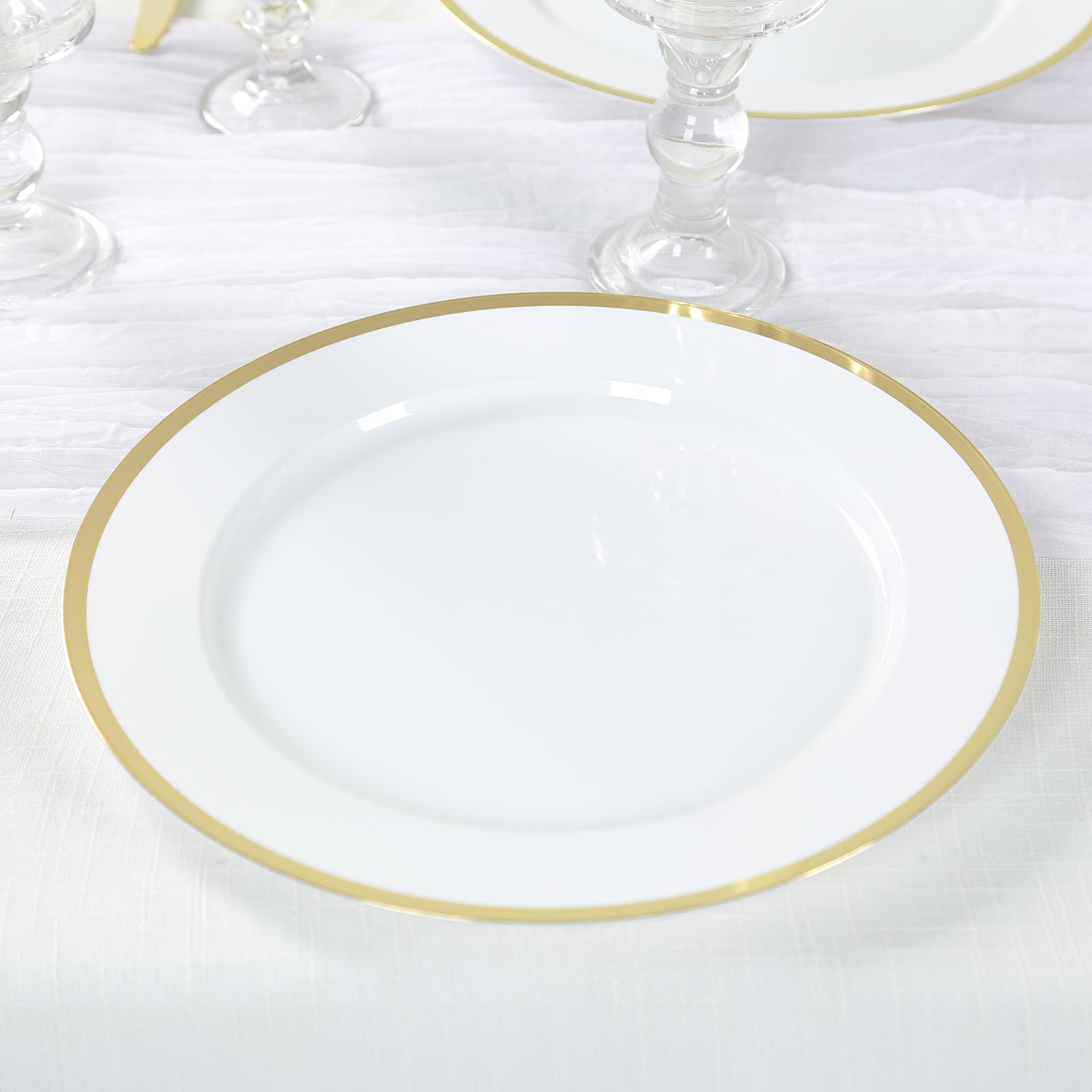 10 Pack White Economy Plastic Charger Plates With Gold Rim, 12" Round Dinner Chargers Event Tabletop Decor Pro Linens