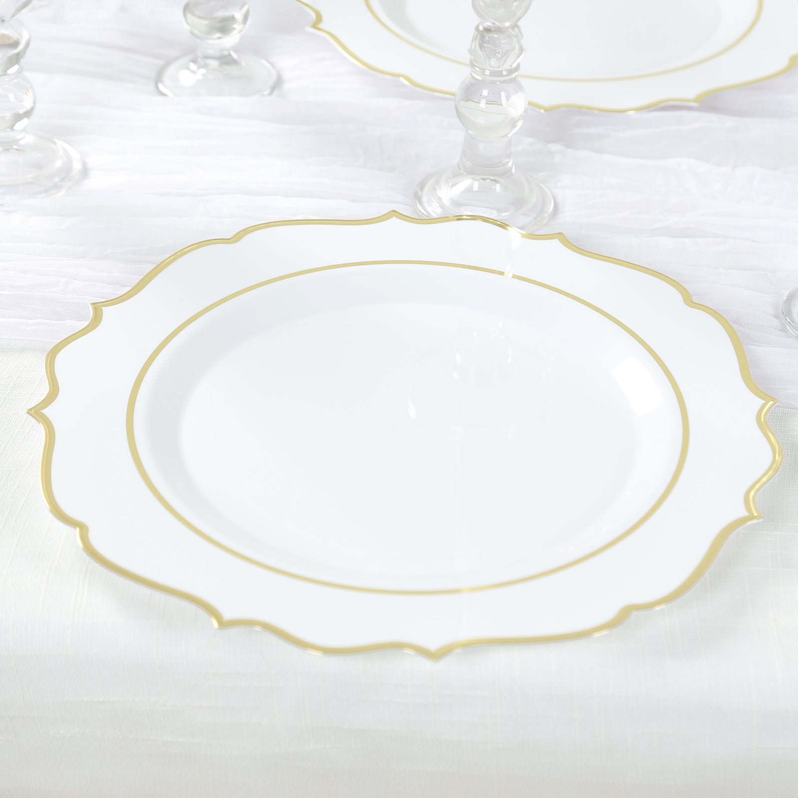 10 Pack White Economy Plastic Charger Plates With Gold Scalloped Rim, 13" Round Decorative Dinner Chargers Event Tabletop Decor Pro Linens